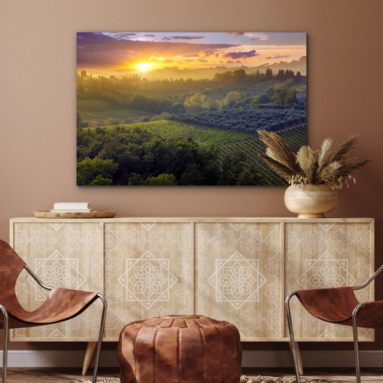 Aluminium schilderij 90x60 cm - Wanddecoratie metaal - Toscane - Landschap - Zon - Metalen muurdecoratie woonkamer - Decoratie industrieel - Foto op dibond - Industriële accessoires slaapkamer