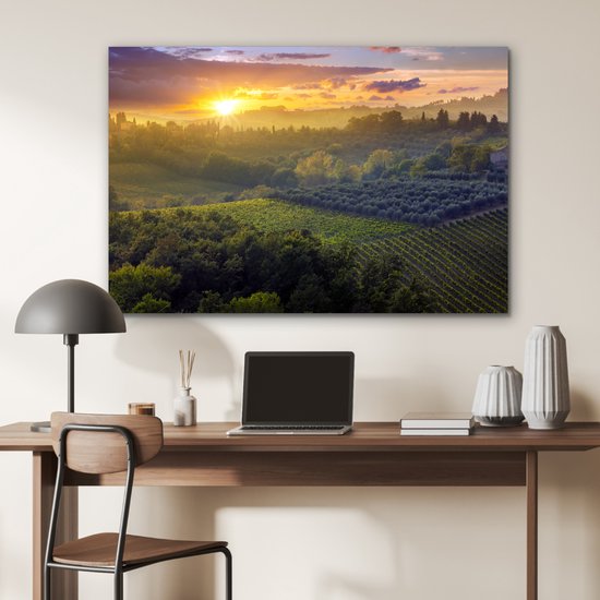 Aluminium schilderij 90x60 cm - Wanddecoratie metaal - Toscane - Landschap - Zon - Metalen muurdecoratie woonkamer - Decoratie industrieel - Foto op dibond - Industriële accessoires slaapkamer