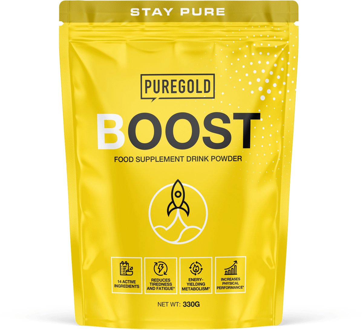 Pure Gold Boost Pre-Workout – 330g – 30 Porties – Cafeïnevrij Pre-Workout Poeder met Creatine, Beta-Alanine & Plantenextracten – 14 Actieve Ingrediënten – Mango