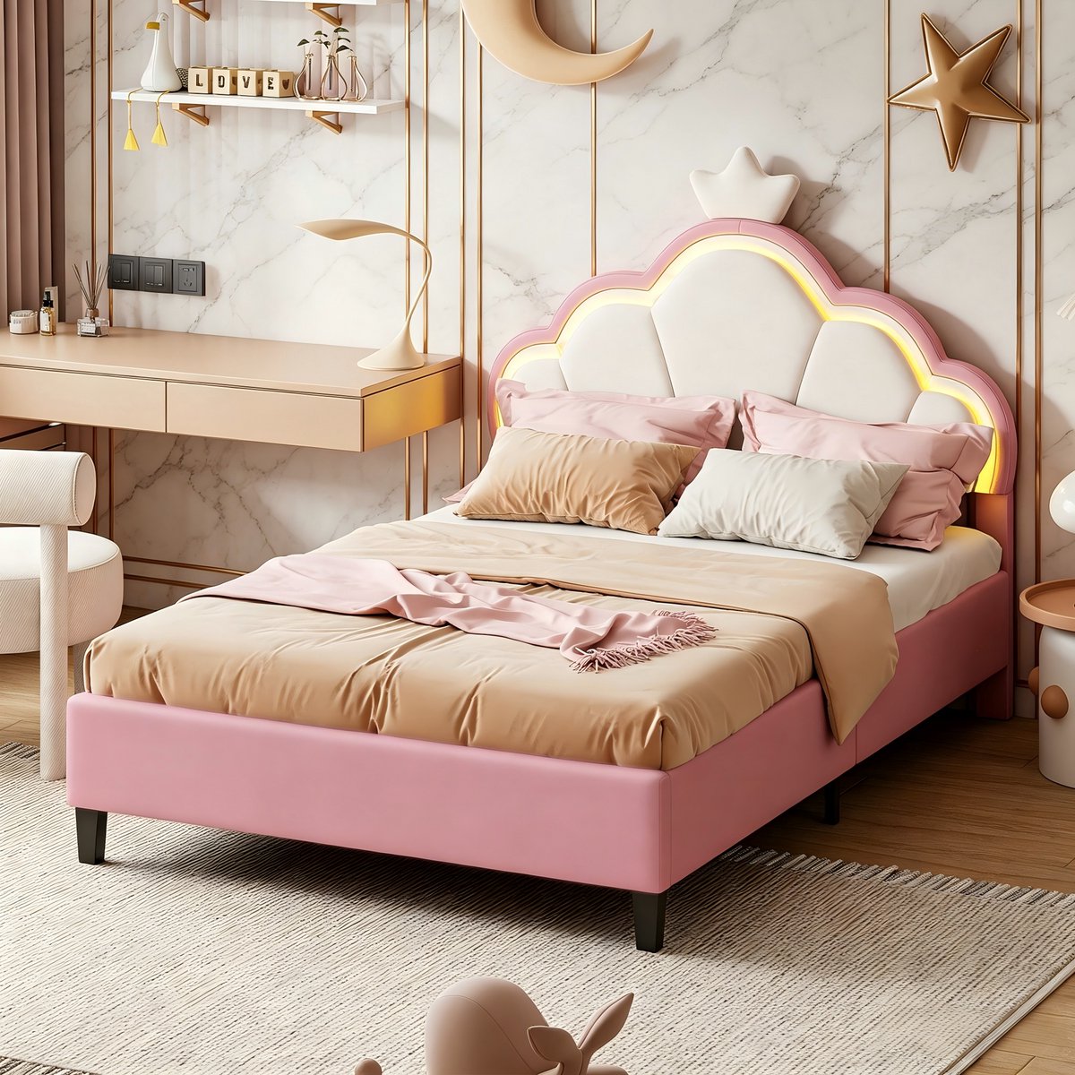 ROSAHQNDA Kinderbed 140x200-Gestoffeerd bed - LED prinsessenbed met verstelbaar hoofdeinde - tienerbed - fluweel - roze - zonder matras