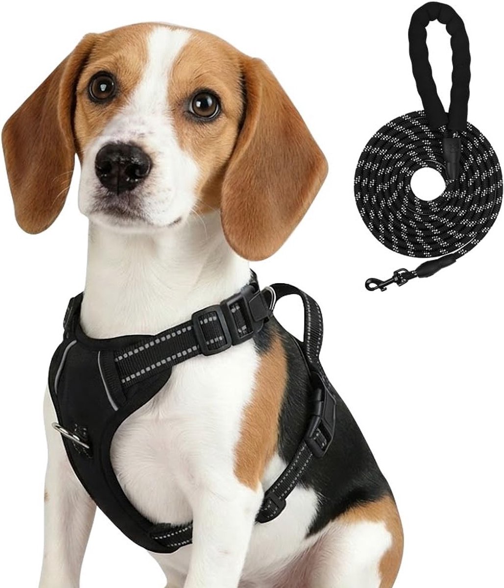 Verstelbaar Hondentuig met Leash en Gesp, Antislip Ontwerp, Geschikt voor Kleine en Grote Honden, Reflecterende Strip voor Veiligheid tijdens Wandelen en Hardlopen, Zwart, Maat L