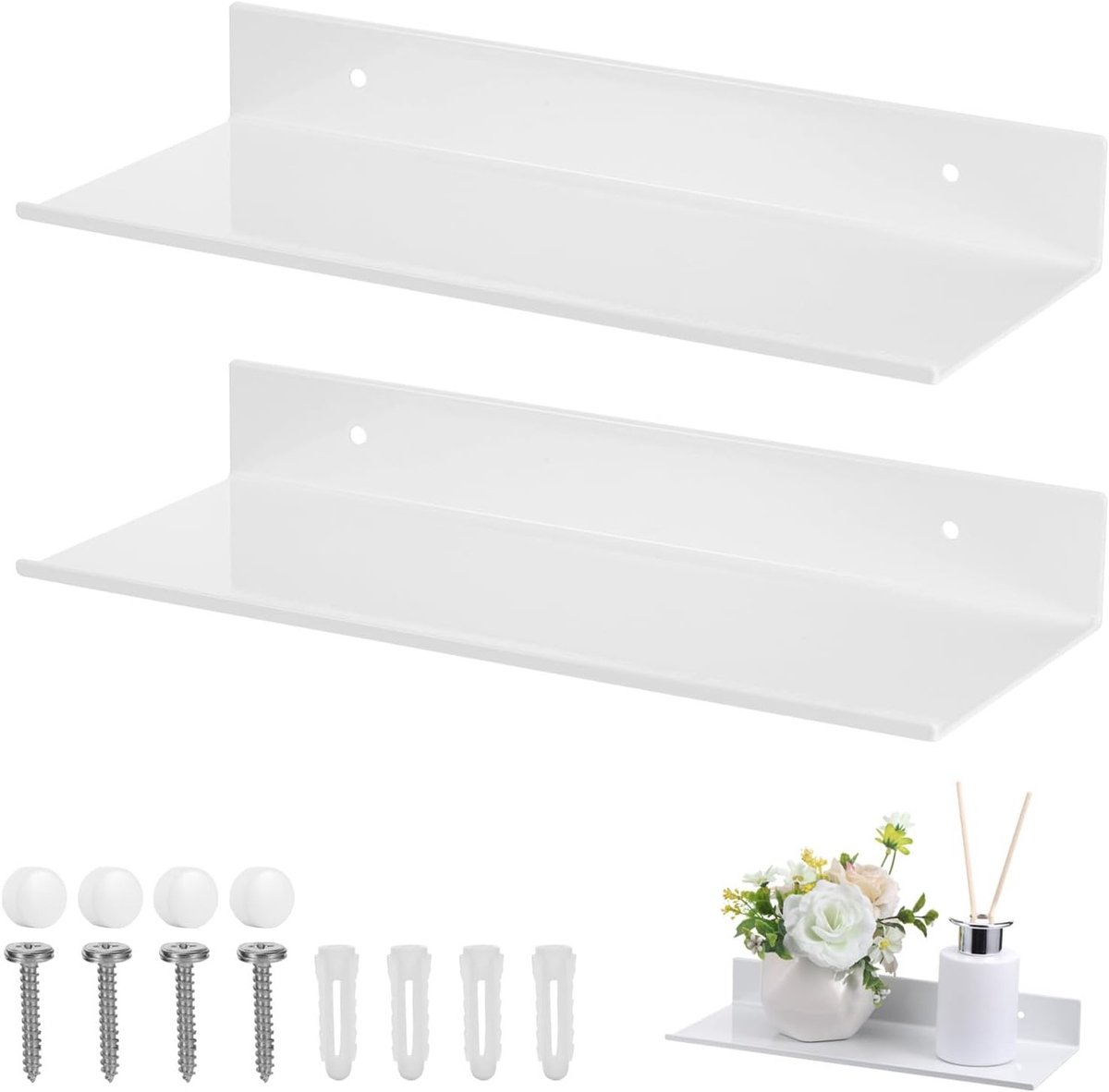 2 Stuks Metalen Floating Planken Wandgemonteerd, 30cm Witte Badkamer Organizer, Roestvrij Badkamer Plank, Opslagplanken voor Woonkamer, Keuken en Slaapkamer
