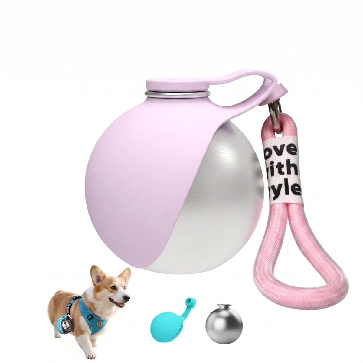 Drinkfles voor huisdieren - 2-in-1 draagbare drinkfles voor honden - Draagbare en opvouwbare drinkfles voor huisdieren - Ronde roestvrijstalen behuizing met siliconen kom - Lekvrije afsluiting - 285 ml - Compact en draagbaar - roze