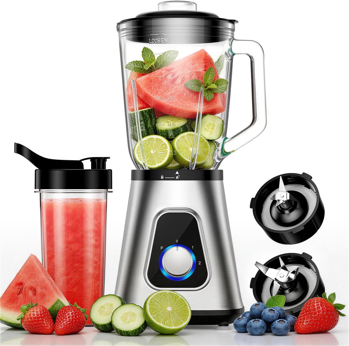 Power Blender 1200W – 2-in-1 Smoothie Maker - 1,5L Glas & 650ml To-Go beker, 3 Snelheden & Pulse Functie - Zelfreinigend