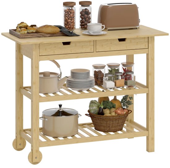 Bamboe keukenwagen met twee lades en twee planken, gevuld met brood, potten, servies, specerijen en groenten.
