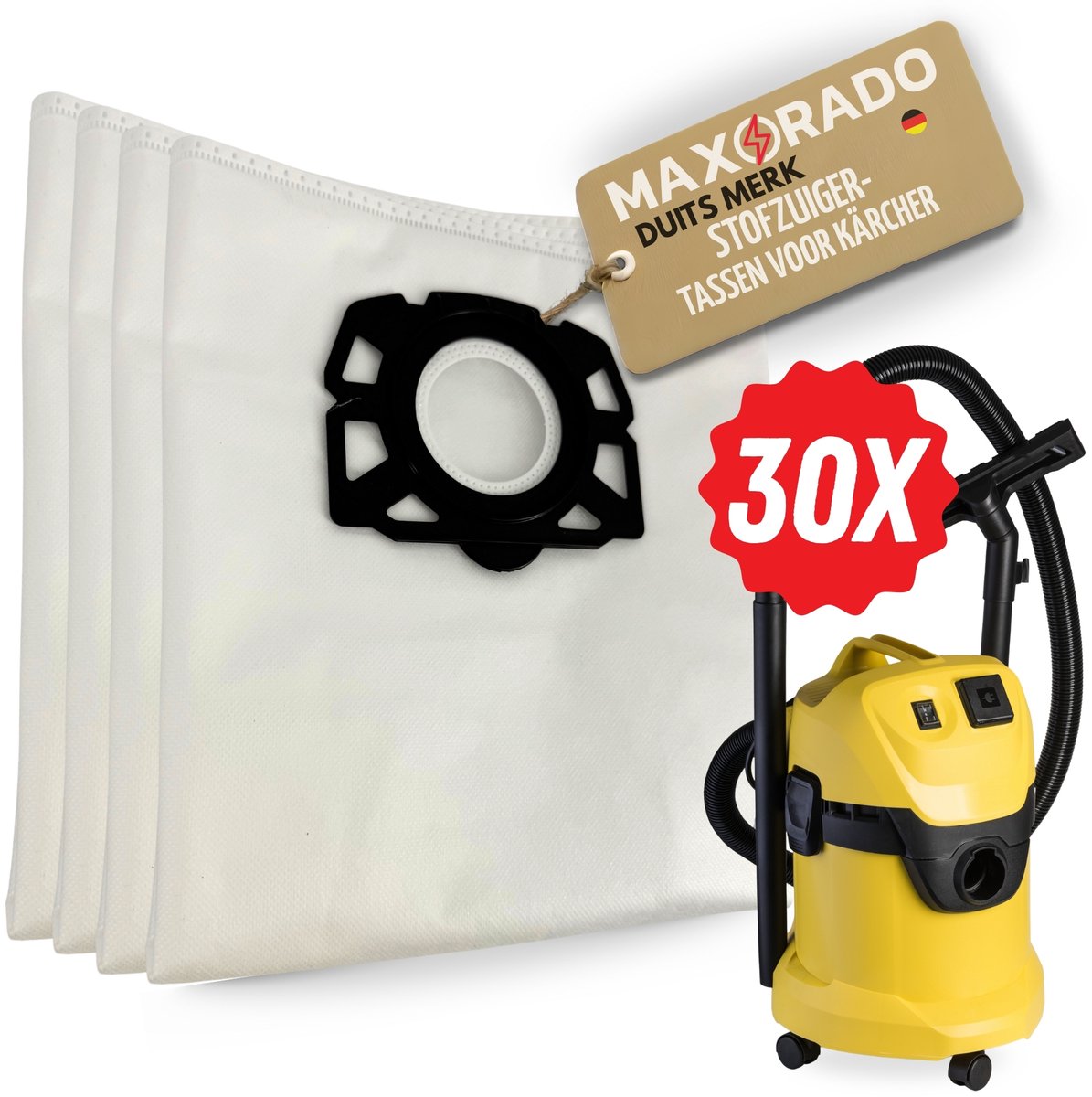 Maxorado Stofzuigerzakken 30 Stuks geschikt voor Kärcher KFI 487 WD4 WD5 WD6 MV4 MV5 MV6 – Sterke Vliesfilterzakken voor Nat en Droogzuiger – Alternatief voor 2.863-006.0