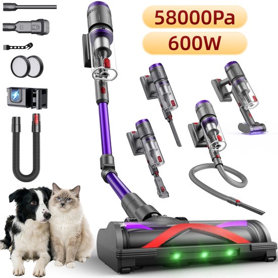 Draadloze Steelstofzuiger Met Accu, 600W/58Kpa, Inclusief Mini-Turbo-Mijtborstel – 75 Minuten Gebruiksduur, 1 M Uitschuifbare Slang, 6-Traps Hepa-Filtratie, Led-Touchdisplay, Vrijstaand, Stil ≤62 Db, Stofreservoir Van 1,6 L