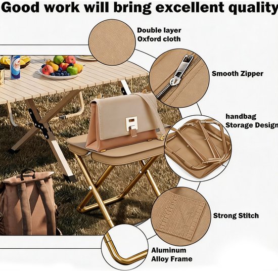 Kruk - Krukje - Opvouwbare Krukken - Campingkeuken - Draagbaar & Lichtgewicht Opvouwbaar Kruk voor Outdoor Activiteiten - Max. 150 kg Draagvermogen - Khaki — afbeelding 5