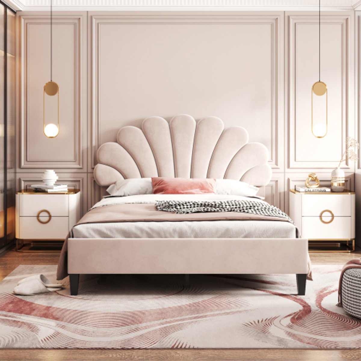 Zubaliya Tweepersoonsbed 140 x 200 cm beige - fluweelstof - Bloemvormig hoofdeinde - gestoffeerd bed - voor slaapkamer - 250 kg draagkracht