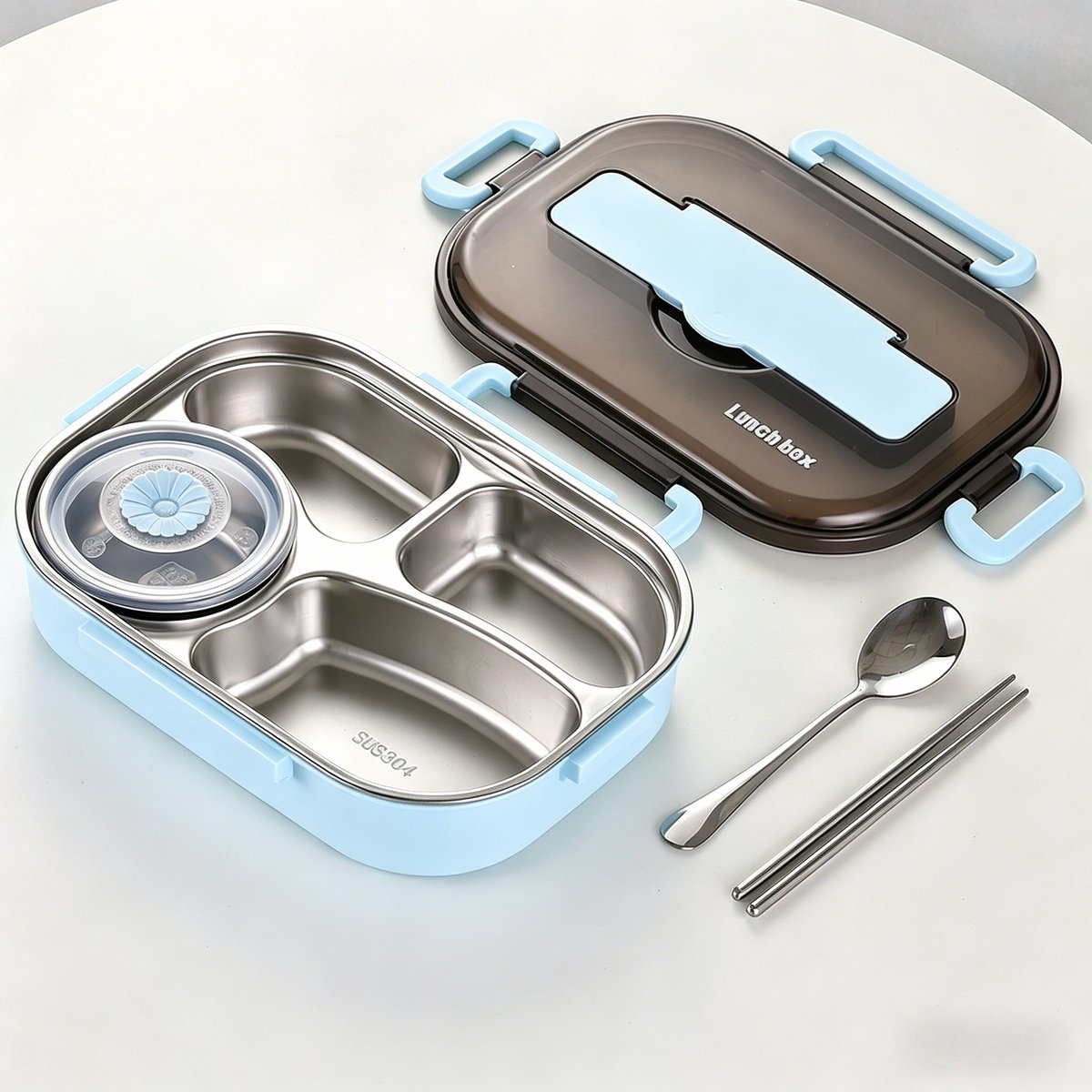carmdering - Roestvrijstalen Bento Lunchbox - Herbruikbare Maaltijdprep Container - Voedselbewaarbox - Luchtdicht Ontwerp - Lekvrije Sluiting - 304 Roestvrij Staal - Magnetronbestendig - Ideaal Voor School En Werk - 1 Set - Blauw