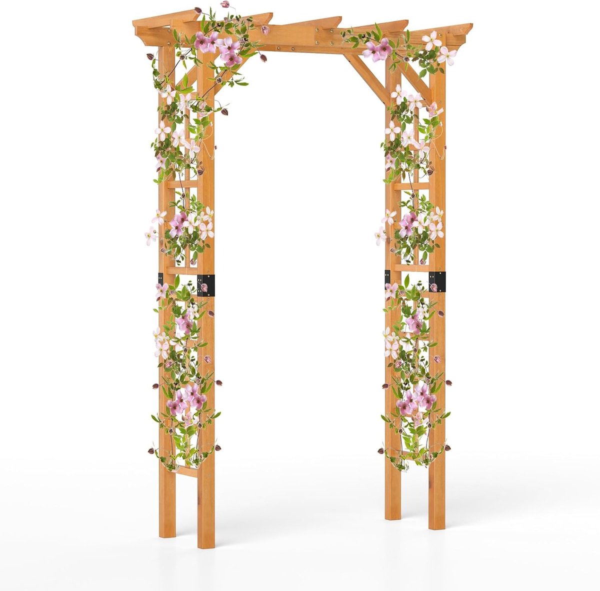 COSTWAY Rozenboog van hout, tuinboog voor klimplanten en hangende manden, poortboog met dak, klimhulp, klimboog, voor tuin, bruiloft, feest, dennenhout, oranje, 140 x 60 x 215 cm