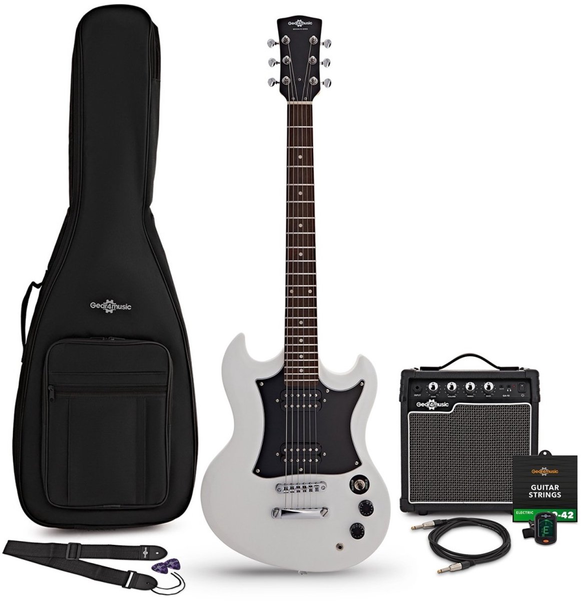 Brooklyn Elektrische Gitaar Wit, 10W Gitaarversterker & Accessoires Pakket