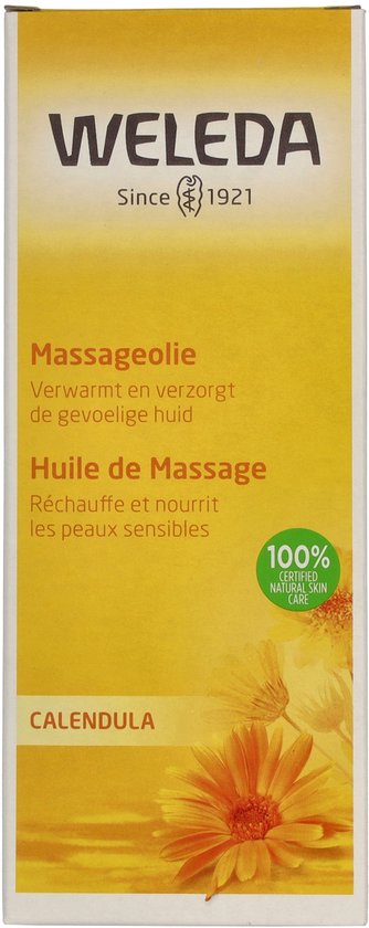 Gele verpakking met Weleda logo, 'Massageolie' en 'Calendula' in het Nederlands en Frans. Zijaanzicht met bloemen.