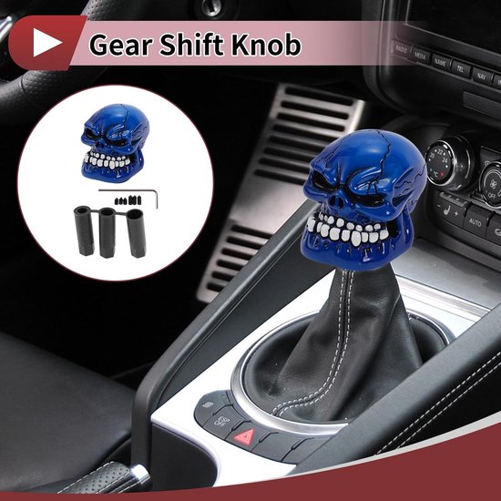Schedel Versnellingspook Knop - Hars Pookknop - Auto Interieur Personaliseren - Universele Pasvorm met Adapters - 7cm Hoogte - Blauw — afbeelding 2