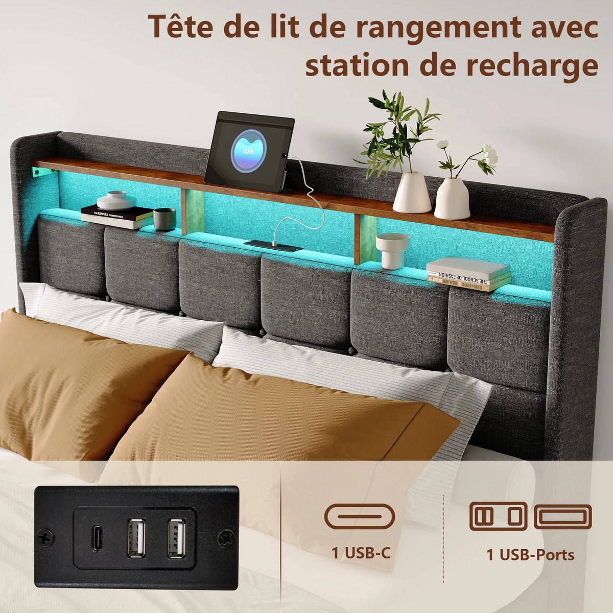 Miryx Tweepersoonsbed 160x200 cm - Bed Met Opbergruimte en 4 Laden - Uitgerust met LED-ver