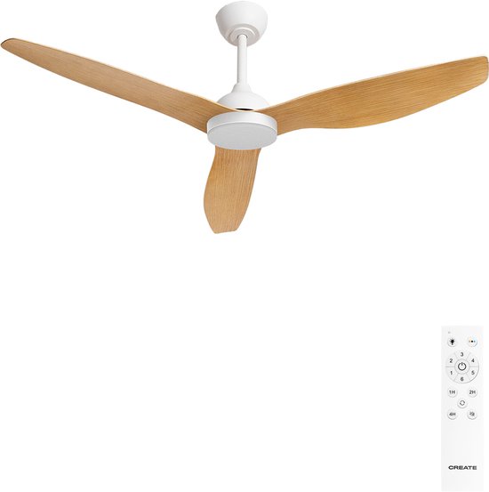 Plafondventilator 40W stil Ø132 cm met LED licht, zomer- en winterfunctie, timer, afstandsbediening, wit/licht hout