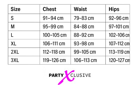 Maattabel met borst-, taille- en heupmaten in centimeters voor maten S tot 3XL van PartyXclusive.