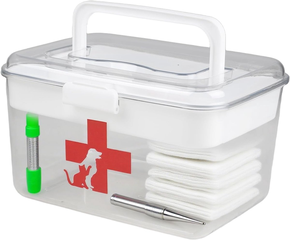 Eerste Hulp Doos voor Huisdieren, 2 Laags Medicijnbox met Handvat, Transparante Opslag voor Dieren, Ideaal voor Reizen en Organisatie van Medicijnen voor Honden en Katten