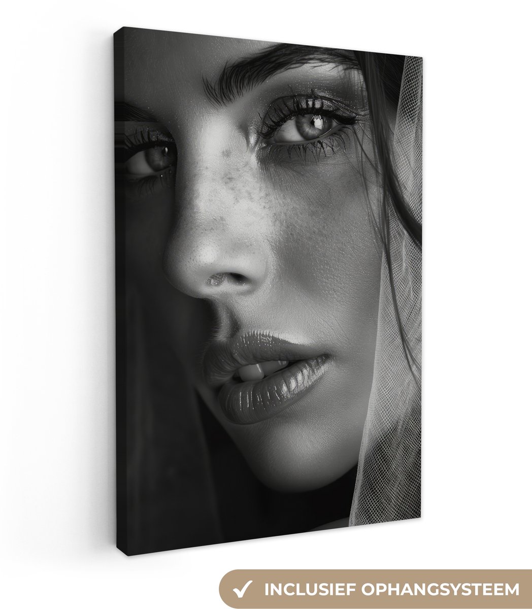 Canvas schilderij 120x180 cm - Wanddecoratie badkamer Vrouw - Portret - Zwart wit - Vintag
