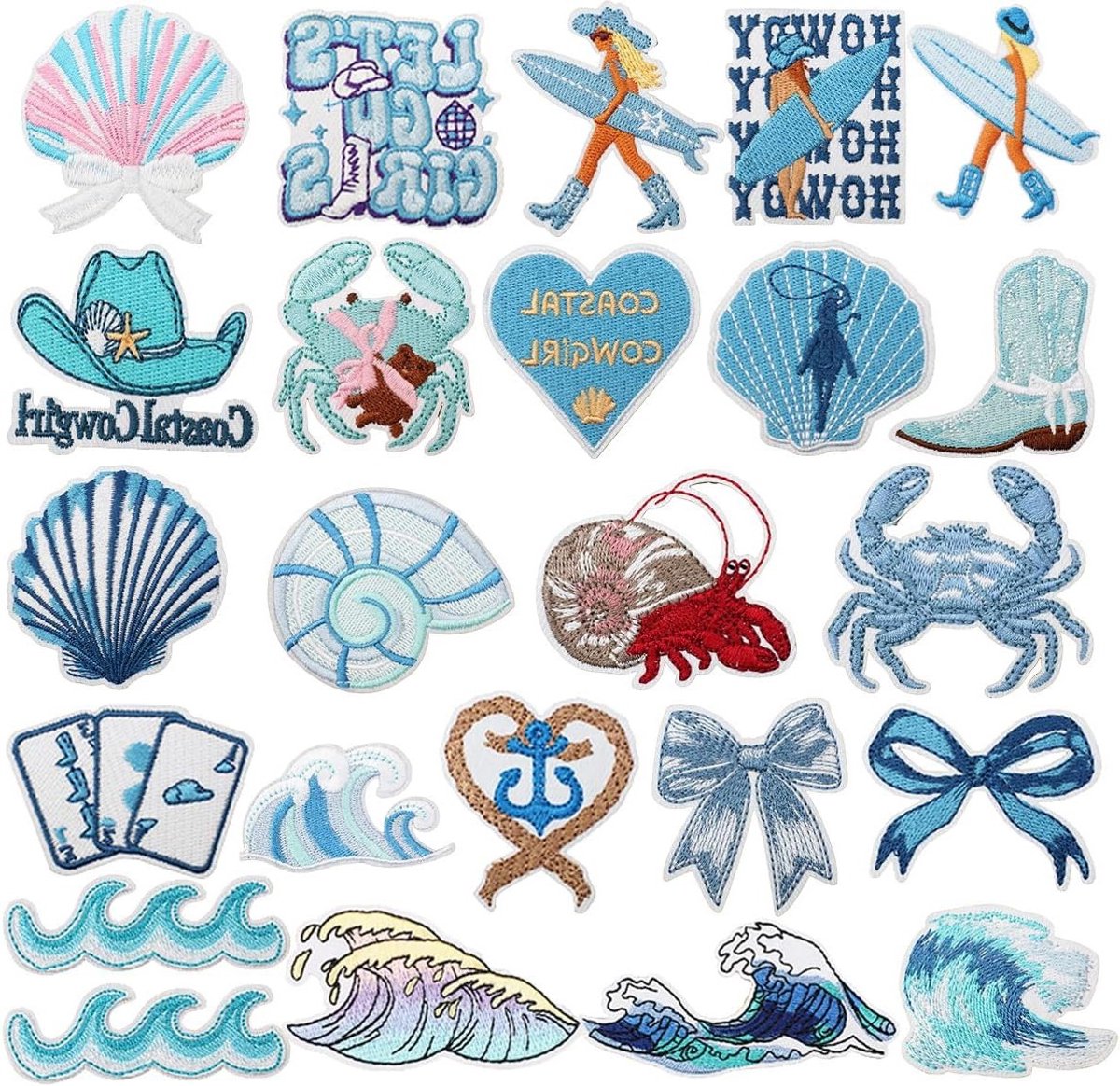 24 Stuks Blauwe Surfmeisje Borduurpatches voor Kleding, Hoeden, T-Shirts en Rugzakken - Ideaal voor Naai- en Strijkprojecten