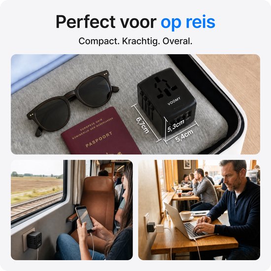 Voomy Reisstekker 170+ landen - Universele Wereldstekker - 1 USB-C & 3 USB-A - Reisadapter Wereld Engeland (UK), Amerika (USA), Australië, Zuid Amerika, Afrika, Italië, Thailand - zwart