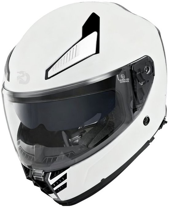 Wit integraalhelm met getint vizier en zwarte accenten, op een witte achtergrond.