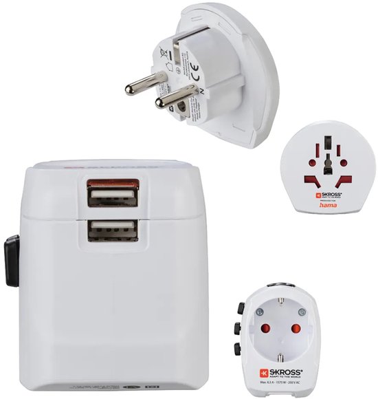 Collage van een witte wereldreisadapter met twee USB-A poorten, een Europese stekker en een Europese adapter.