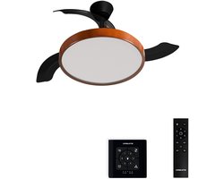 CREATE - Plafondventilator 40W stil met intrekbare bladen met licht - Ø108cm - Zwart / Donker hout - Controller voor wandmontage + afstandsbediening - WIND CLEAR STUDIO