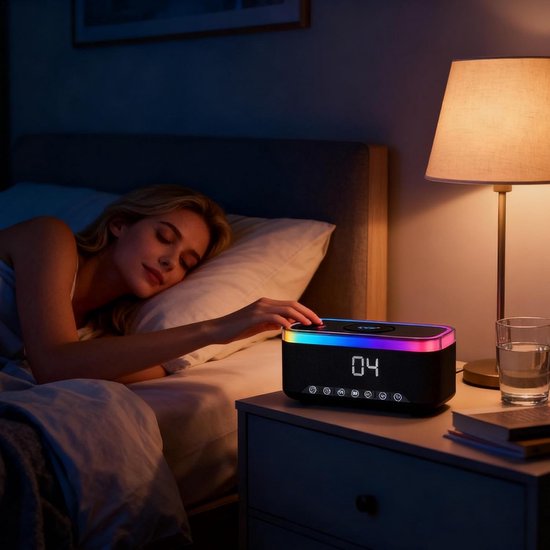 Wekker met Oplader - Sfeerlamp Speaker - Ontwaken en Ontspannen - Geïntegreerde Draadloze Lader - 10.9 cm Hoog - Zwart — afbeelding 2