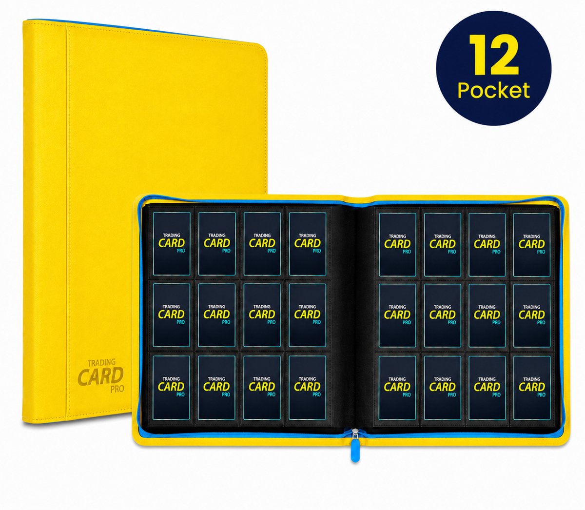TradingCardPro® Deluxe 12-Pocket Verzamelmap – Met Ritssluiting – Geschikt voor Pokemon – 480 Kaarten – 12 Pocket - Binder - Geel met blauwe details