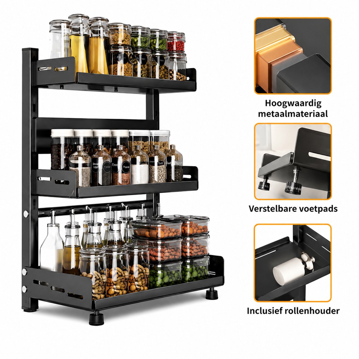 Velmio Kruidenrek - Kruidenrek Staand - Kruiden organizer - 3-Laags - Verstelbaar - Zwart - Grote Capaciteit - Ruimtebesparend - 16.3x50x54cm