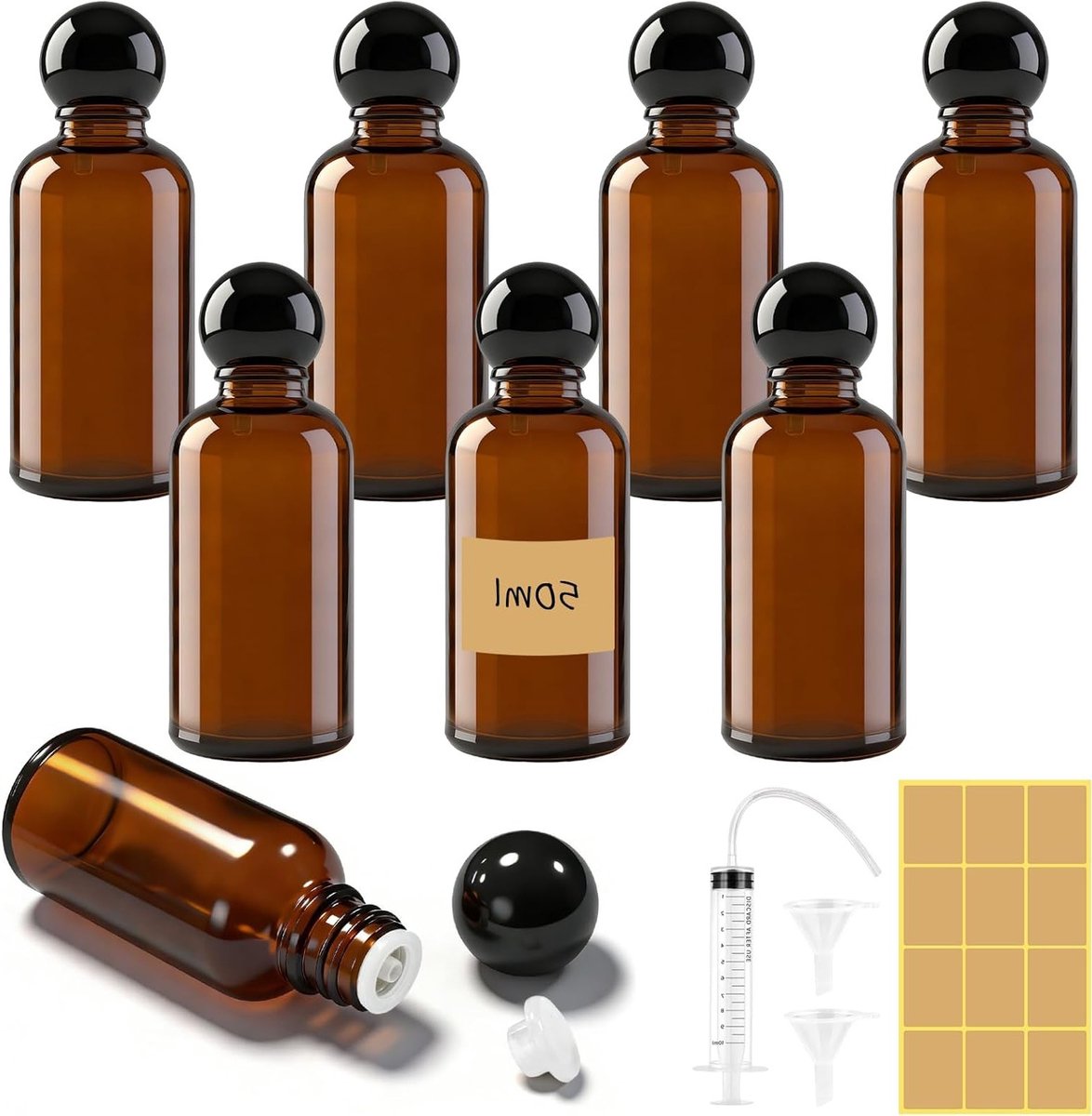 Set van 8 Bruine Glazen Flessen 50ml - Navulbare Flessen voor Essentiële Olie, Geur en Aromatherapie met Dopschroef en Druppelaar