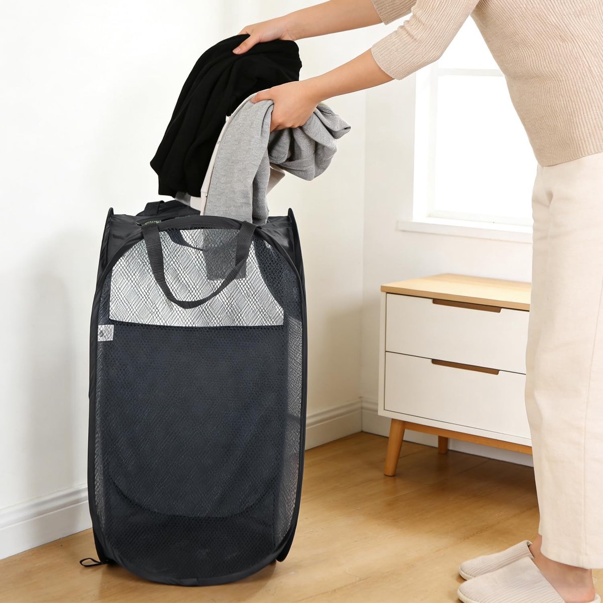 Handige opvouwbare wasmand van gaas, 35,5 x 35,5 x 60 cm, opvouwbare opbergmand voor vuile was.