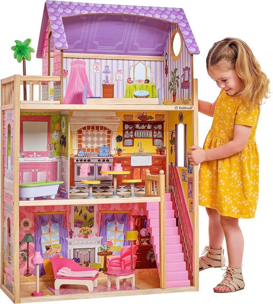 Kidkraft 65092 Poppenhuis Kayla, Houten Poppenhuis Inclusief Meubilair En Accessoires, 3 Verdiepingen, Hoge Speelset Voor Poppen Van 30 cm, Meerkleurig, 73.66 x 33.66 x 114.3 cm
