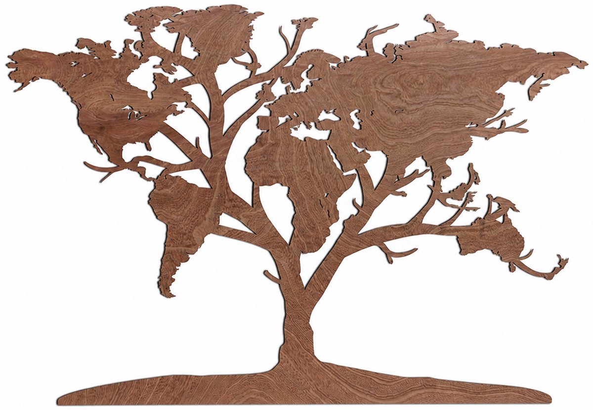 Houten wanddecoratie - Wooden wall decoration | Wereldkaart boom 96 x 140cm World map tree | Donker hout - Dark wood | Muurdecoratie - Wall art - Atlas - Echt Hout - Real Wood - Aarde - Continenten - Reizen - Natuur