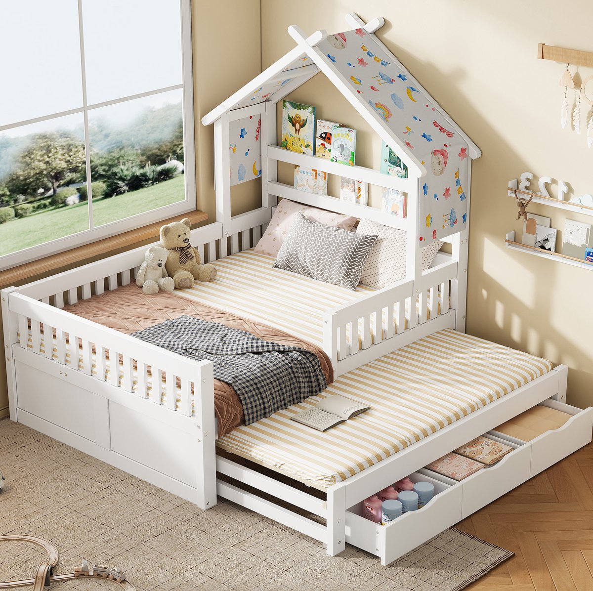 HAUSS SPOLE Huisbed 140x200cm - Kinderbed Met Uitschuifbed En 3 Laden - Zonder Matras - Met Veiligheidshekje Voor Kinderkamer - Hout - Wit