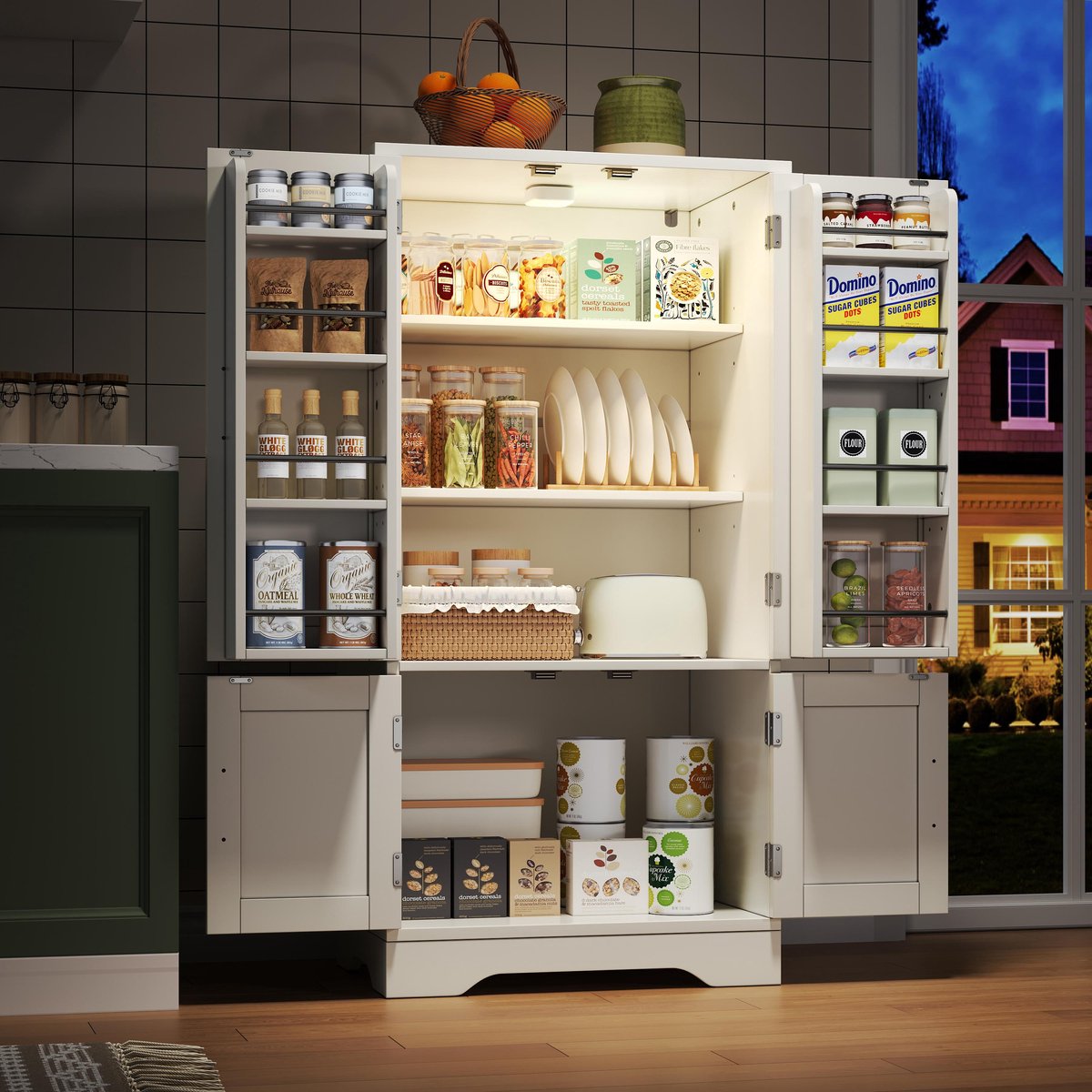 Keukenkast - 120x60x40 cm met LED-sensorverlichting, grote opbergkast met 4 deuren, verstelbare planken en deurvakken – geschikt voor keuken, eetkamer of woonkamer, wit