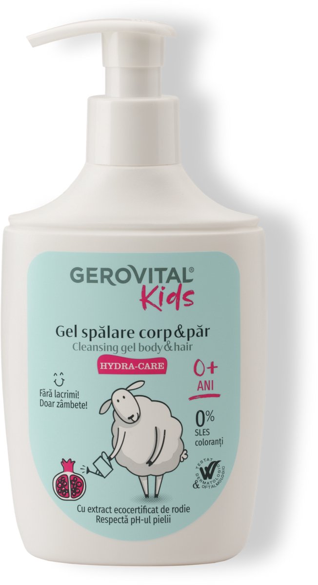 Gerovital KIDS - kinderen Hydra-Care 2-in-1 Babydouchegel voor lichaam en haar – zonder tranen , hydraterend met granaatappelextract, glycerine en panthenol - geen SLES of kleurstoffen - 300 ml