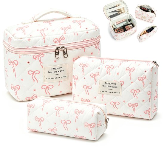 Make-up tas set - gewatteerde tas - grote make-up tas voor dames met bloemenprint - make-up tas met bloemenpatroon - schattige katoenen make-up tas - toilettas - reisformaat organizer voor cosmetica en toiletartikelen