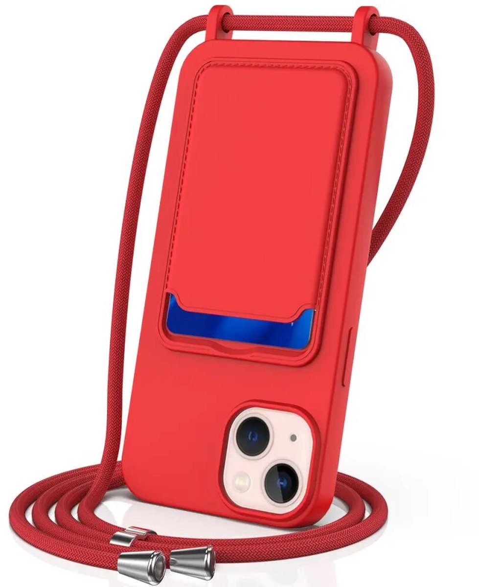 Hoesje met Koord en Pasjeshouder Geschikt voor Apple iPhone 14 | Back Cover met Crossbody Koord en Kaarthouder | Ideaal voor Festival/Vakantie | Siliconen | Rood