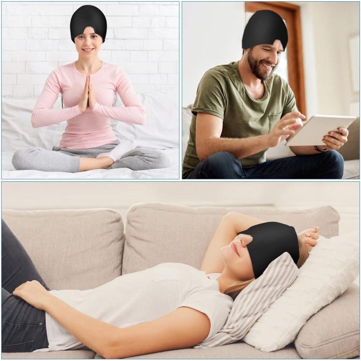 Koelmuts Migraine & Hoofdpijn - Warm en Koud Kompres - Verkoelende Gelmuts - Hoofdmasker voor Stressverlichting en Gezwollen Ogen - Zwart