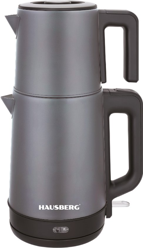Grijze Hausberg 2-in-1 elektrische theepot en waterkoker met zwarte handvatten en basis.