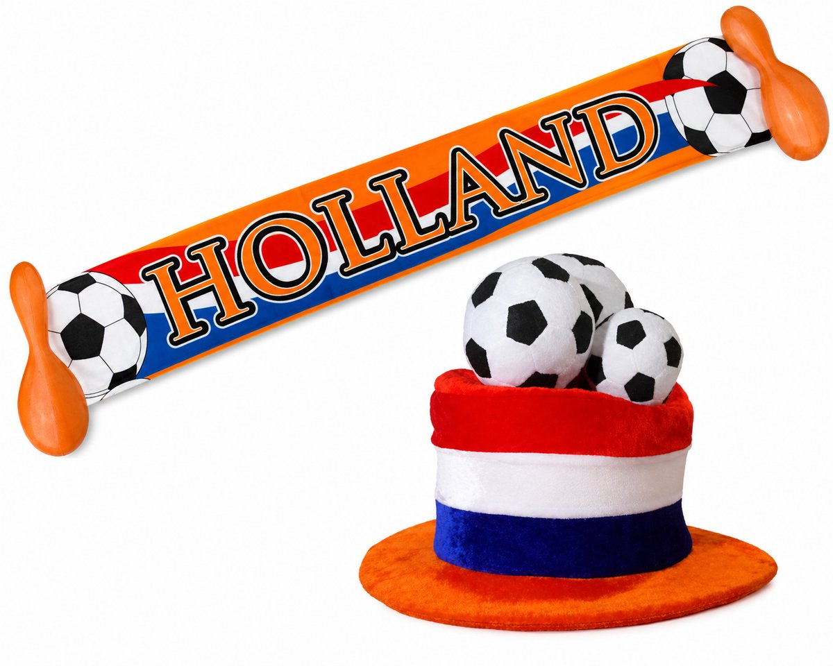 Holland Sjaal met Sambaballen + Oranje Hoed met Voetballen – Supportersset WK 2026
