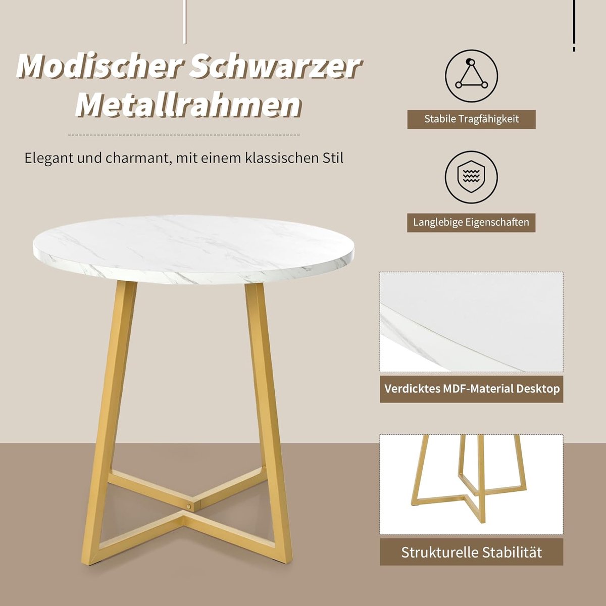 Luna Marble Ronde Eettafel 80 cm – Luxe Marmerlook Eetkamertafel voor 2-4 Personen, Wit/Zwart, Modern Design met Uniek Metalen Onderstel, Verstelbare Voeten, Keukentafel voor Eetkamer, Keuken en Woonkamer