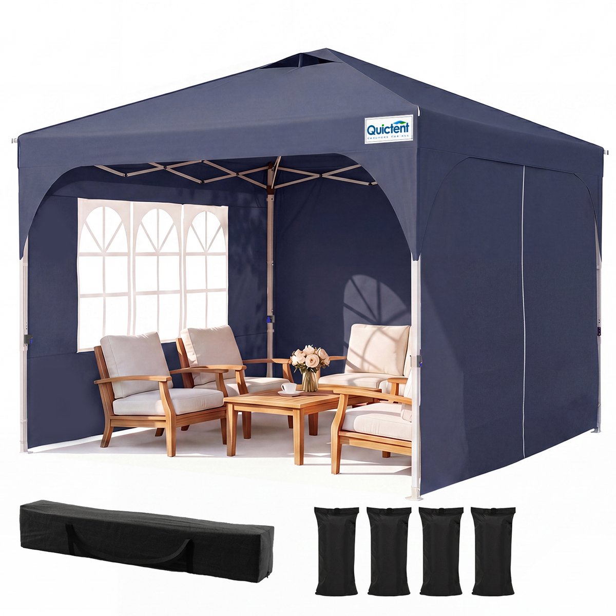 Quictent Vouwbare Partytent 3x3m – met centrale vergrendeling, 3 zijwanden, UV 50+ – Blauw
