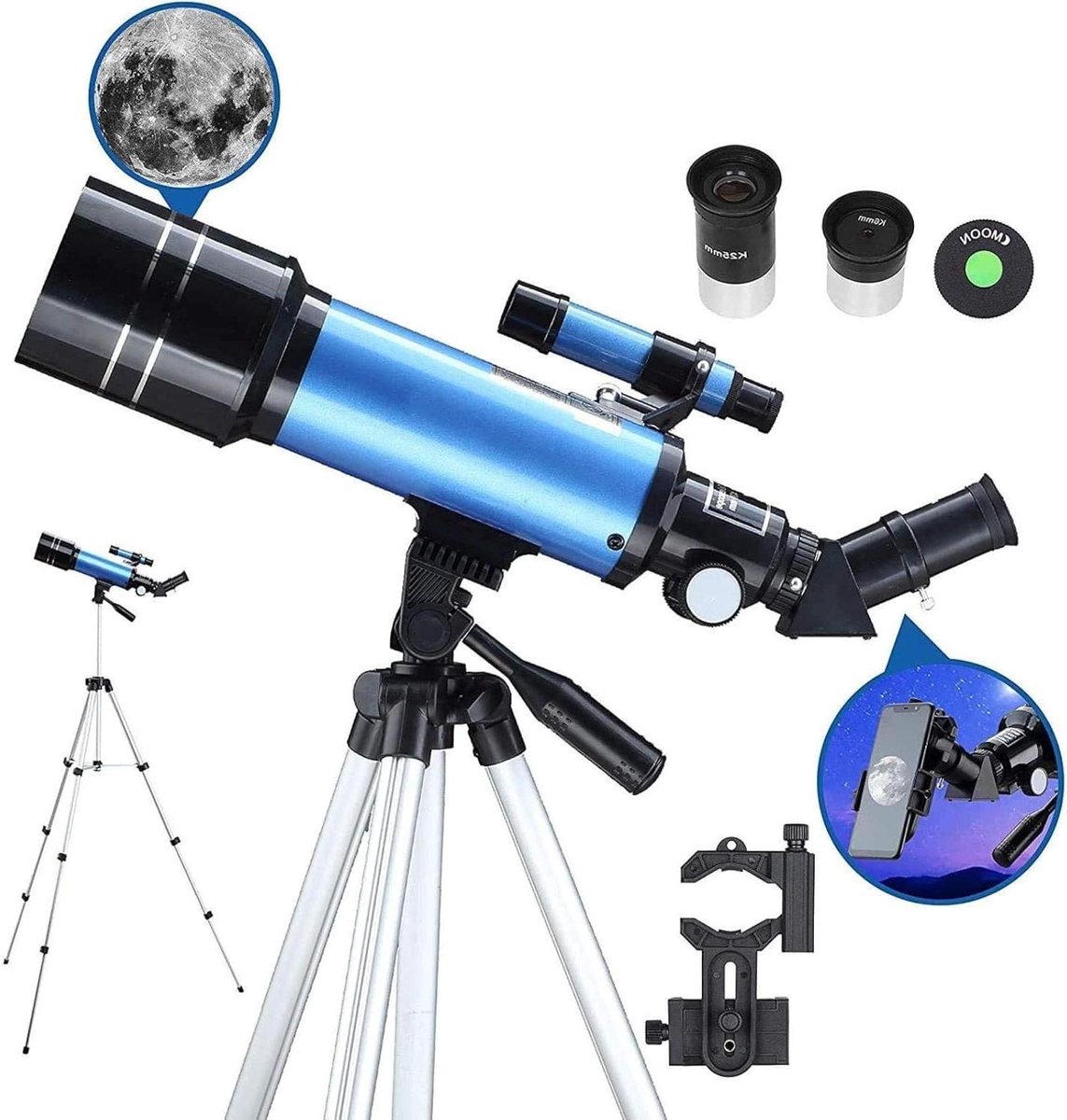 Astronomie Telescoop - Sterrenkijker Beginners - Natuur Observatie - 70mm Objectief Lens - Verstelbaar Statief - Zwart