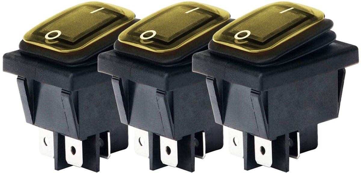 Orbit Electronic Wipschakelaar ON-OFF - 4-pins - 30x22mm - 16A 250V - Spat Waterdicht - KCD4-201-16 - Geel - 3 stuks