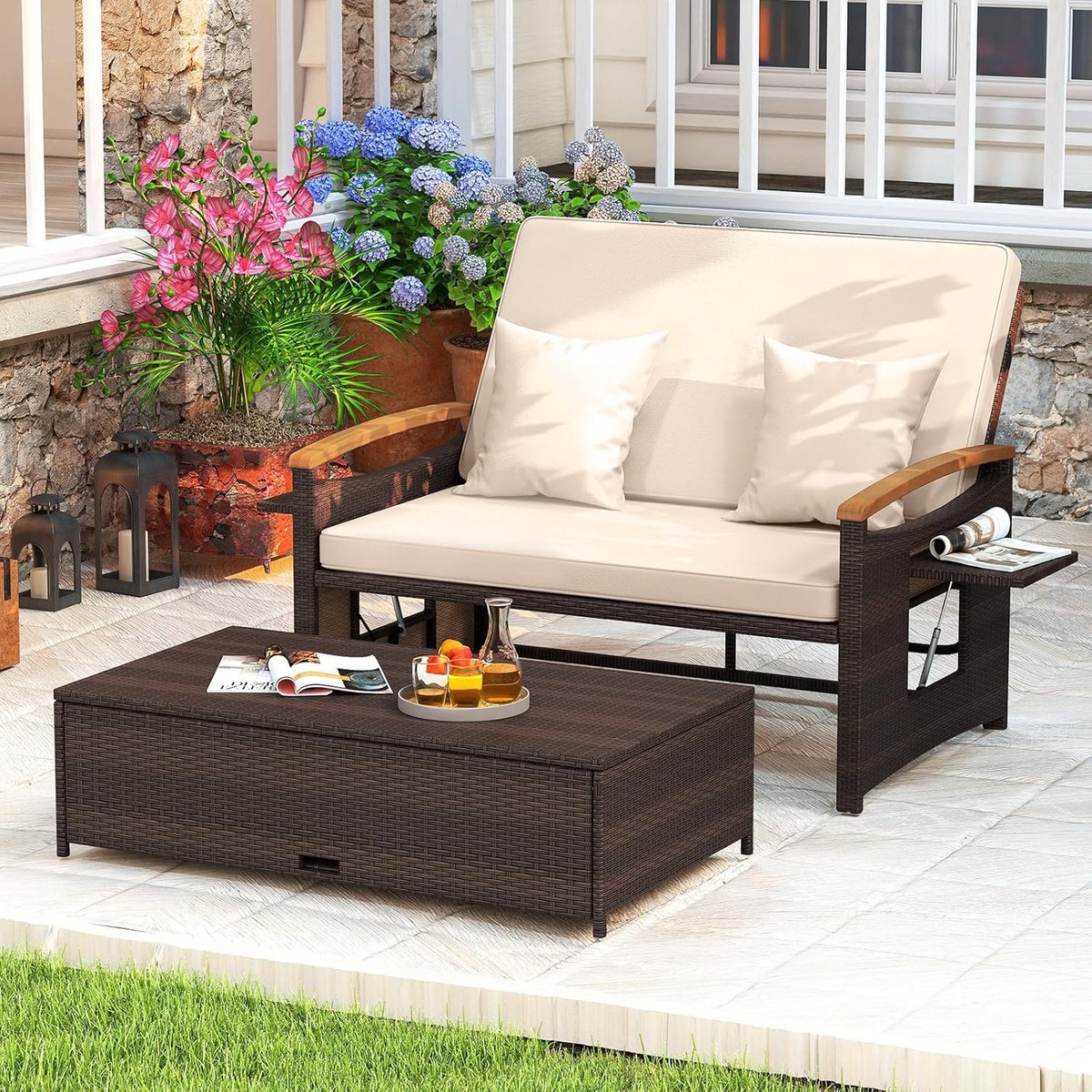 Tuinbank met Ligfunctie 166x164x54,5 cm Polyrotan Tweepersoons Zonnebed met Verstelbare Rugleuning, Uitklapbare Zijtafels, Voetenbank, Inclusief Kussens en Opbergruimte Beige - Mobili Bella
