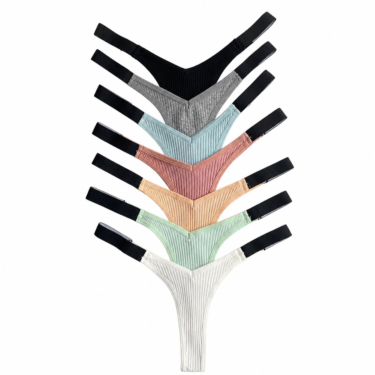 Zwarte Witte Roze Groene Beige Dames String Ondergoed Set van 7 Geribde Stringslips Stretch Lage Taille Elastische SWEET Tailleband Comfort Lingerie Maat S