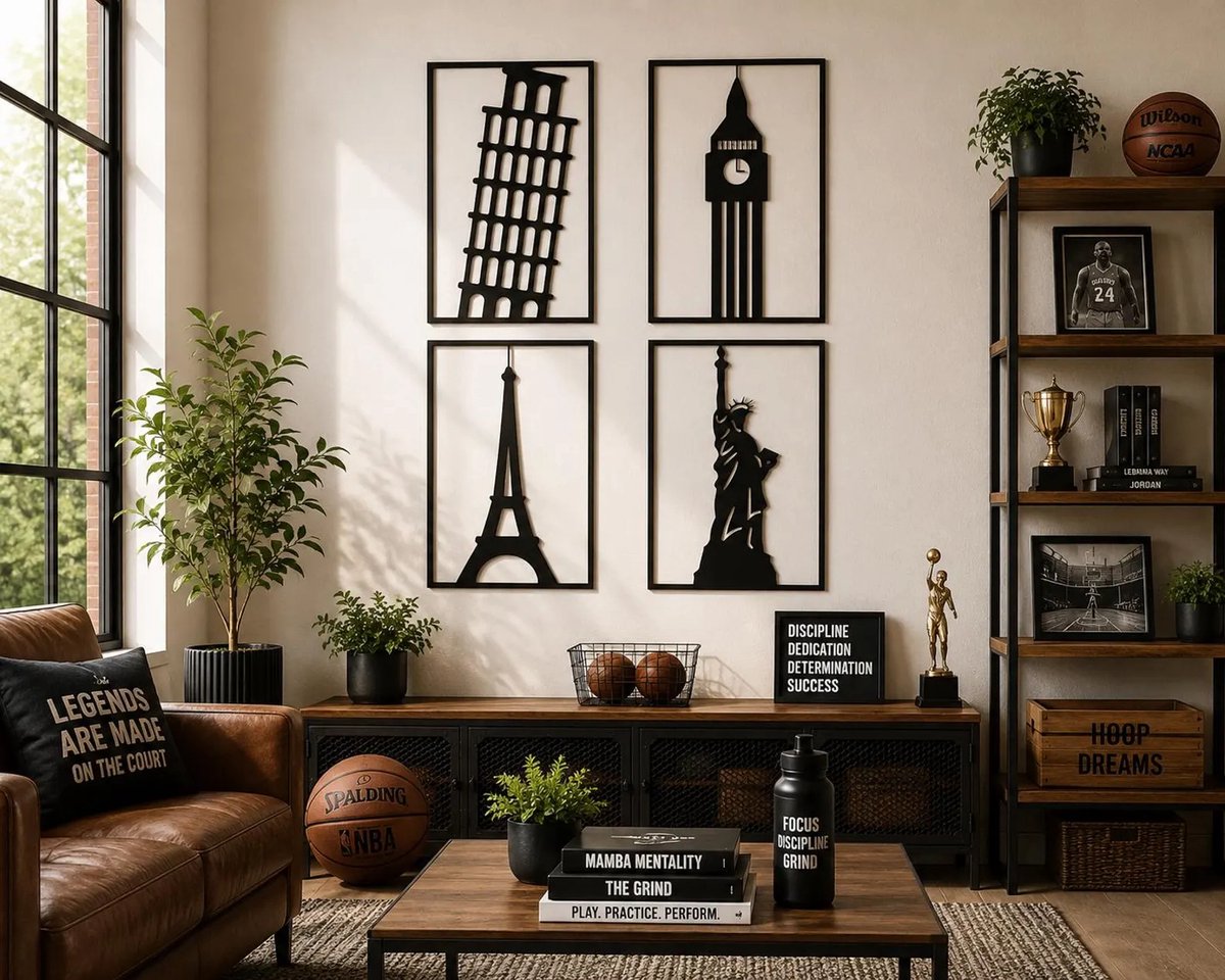 Wereldsteden Wanddecoratie Set van 4 – Houten Muurdecoratie – Eiffel Toren, Big Ben, Pisa & Vrijheidsbeeld – 100x120 cm